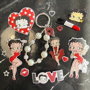 Betty Boop Bundle! Includes: Glitter Keychain, Enamel Pins & Cute Stickers Set